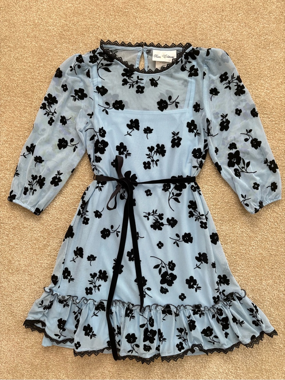 Rare Editions Light Blue Dress with Black Floral Velvet Accents Size 10